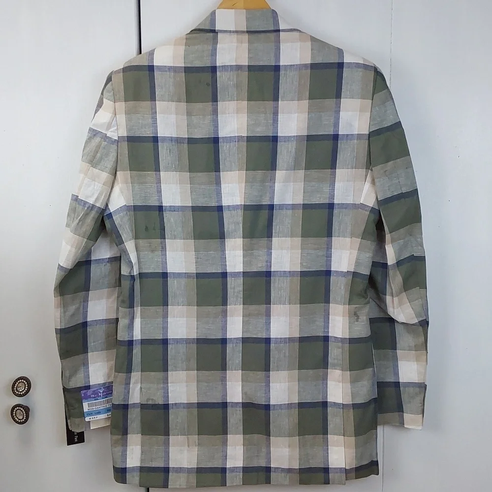 Blu Martini |Green/Tan Neutral Plaid Blazer Linen Sports Coat Preppy Sz.40L